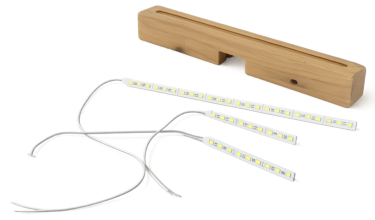 Lampada Oled in legno con componenti illuminanti durante la fase di progettazione e assemblaggio